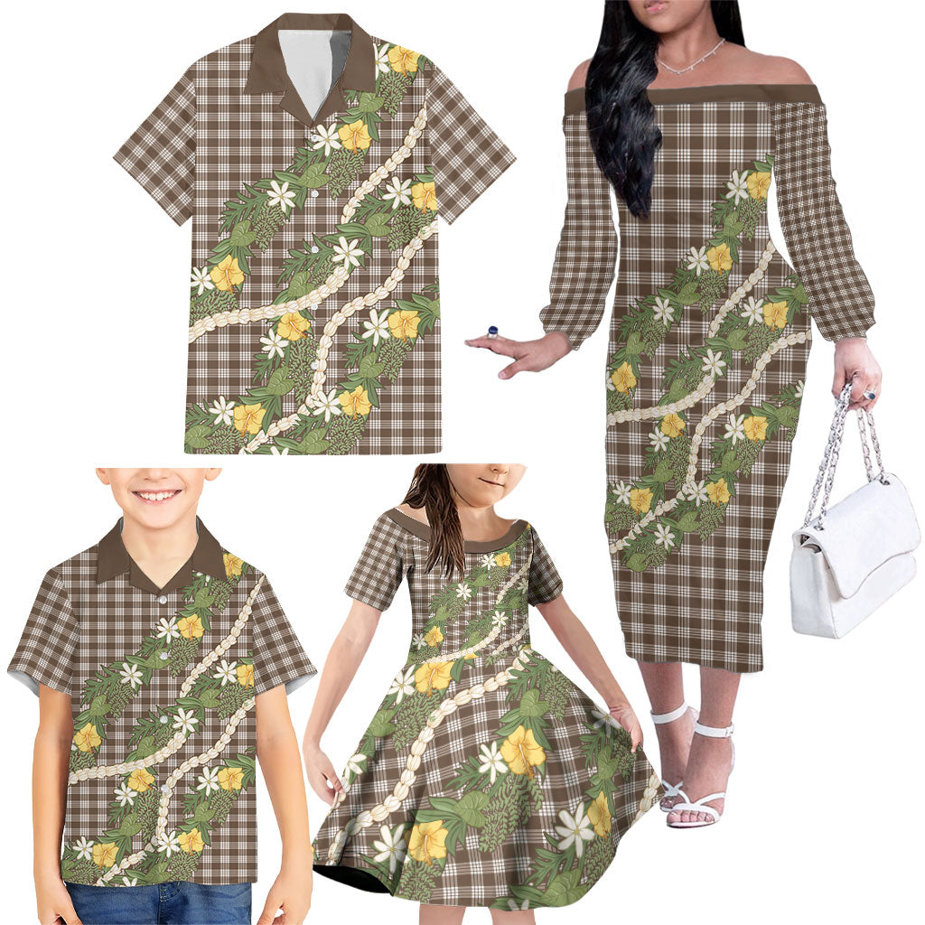 Aloha Puakenikeni Anthurium Pikake Lei Family Matching Off The Shoulder Long Sleeve Dress and Hawaiian Shirt Chocolate Hawaiian Palaka Pattern LT9 - Polynesian Pride