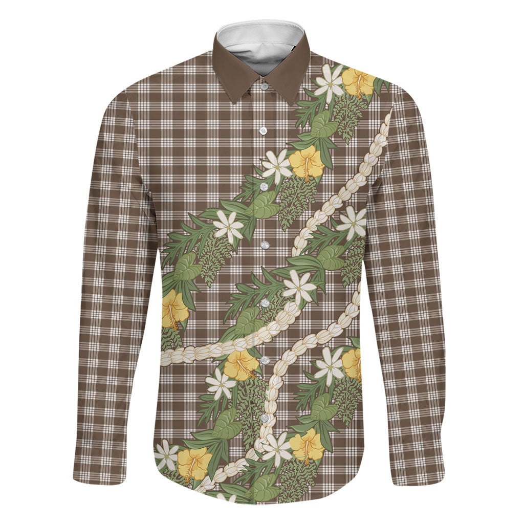 Aloha Puakenikeni Anthurium Pikake Lei Family Matching Off The Shoulder Long Sleeve Dress and Hawaiian Shirt Chocolate Hawaiian Palaka Pattern LT9 Dad's Shirt - Long Sleeve Chocolate - Polynesian Pride