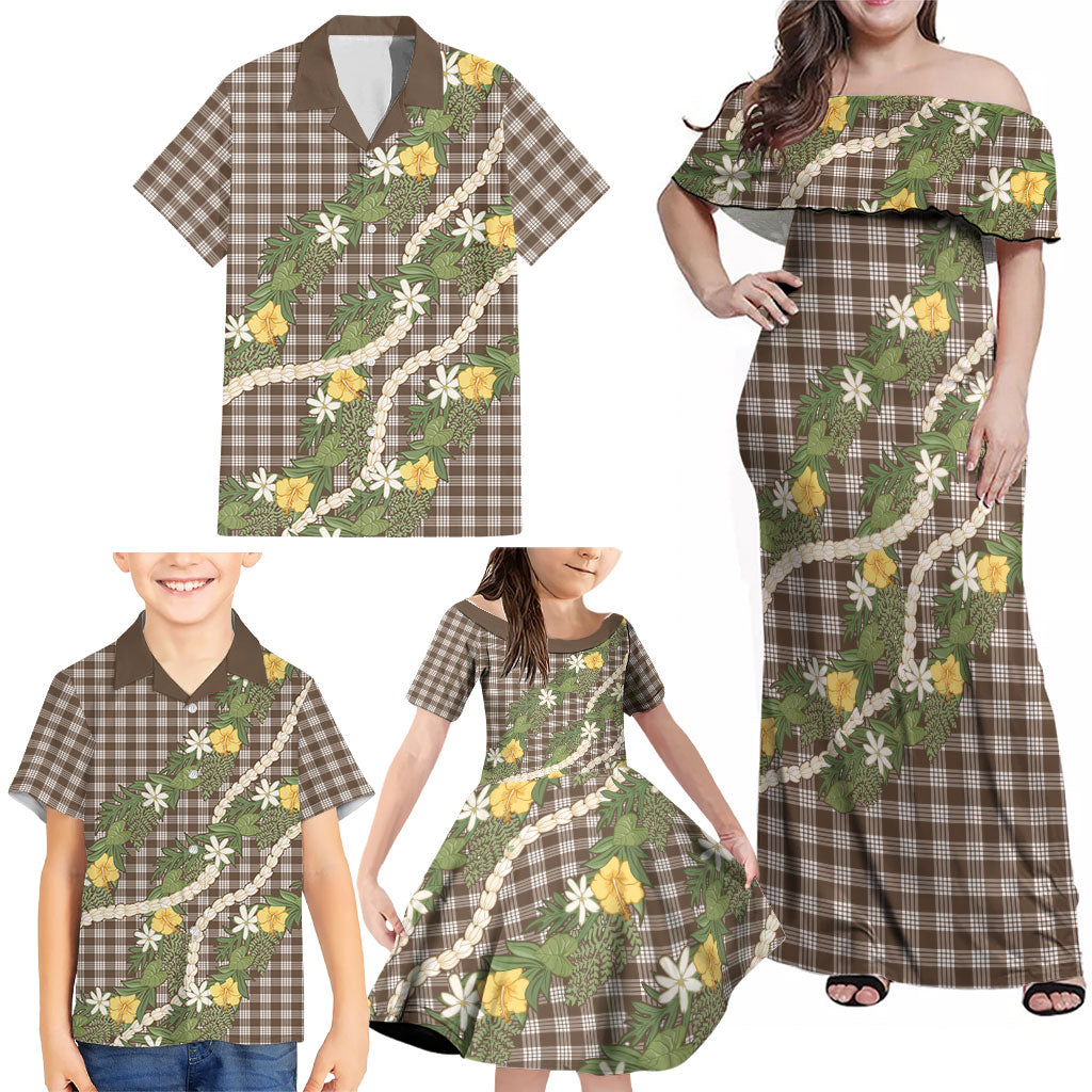 Aloha Puakenikeni Anthurium Pikake Lei Family Matching Off Shoulder Maxi Dress and Hawaiian Shirt Chocolate Hawaiian Palaka Pattern LT9 - Polynesian Pride
