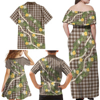 Aloha Puakenikeni Anthurium Pikake Lei Family Matching Off Shoulder Maxi Dress and Hawaiian Shirt Chocolate Hawaiian Palaka Pattern LT9 - Polynesian Pride
