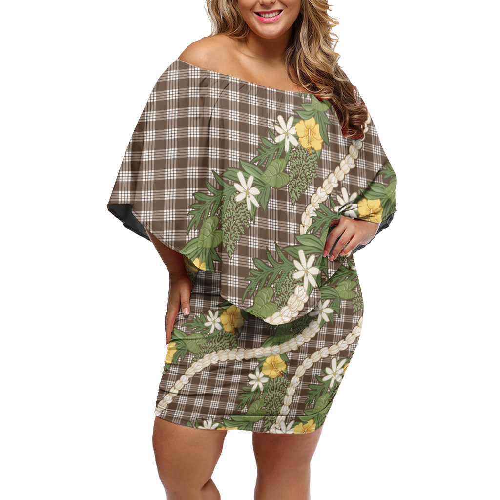 Aloha Puakenikeni Anthurium Pikake Lei Family Matching Off Shoulder Short Dress and Hawaiian Shirt Chocolate Hawaiian Palaka Pattern LT9 Mom's Dress Chocolate - Polynesian Pride