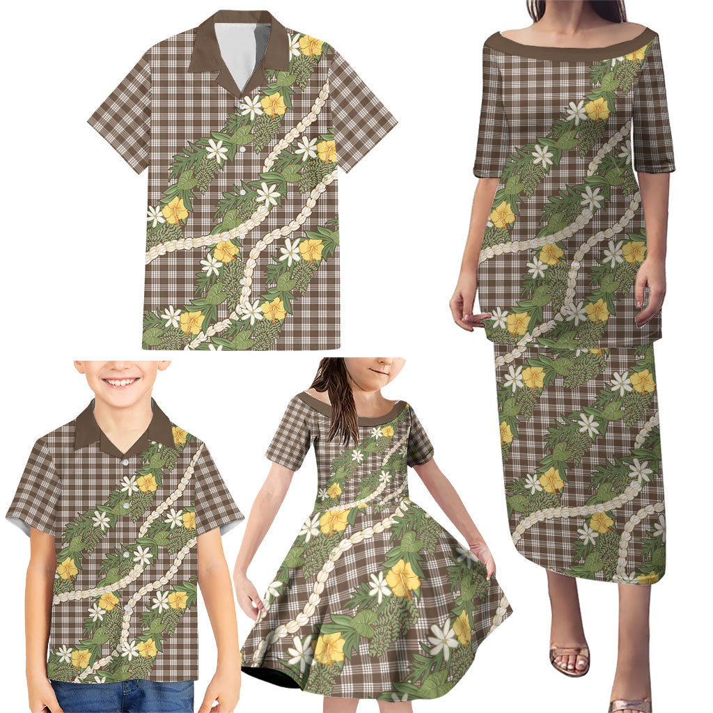 Aloha Puakenikeni Anthurium Pikake Lei Family Matching Puletasi and Hawaiian Shirt Chocolate Hawaiian Palaka Pattern LT9 - Polynesian Pride