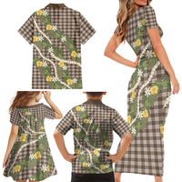 Aloha Puakenikeni Anthurium Pikake Lei Family Matching Short Sleeve Bodycon Dress and Hawaiian Shirt Chocolate Hawaiian Palaka Pattern LT9 - Polynesian Pride