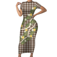 Aloha Puakenikeni Anthurium Pikake Lei Family Matching Short Sleeve Bodycon Dress and Hawaiian Shirt Chocolate Hawaiian Palaka Pattern LT9 Mom's Dress Chocolate - Polynesian Pride