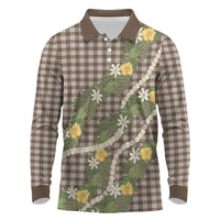 Aloha Puakenikeni Anthurium Pikake Lei Long Sleeve Polo Shirt Chocolate Hawaiian Palaka Pattern
