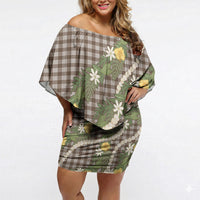 Aloha Puakenikeni Anthurium Pikake Lei Off Shoulder Short Dress Chocolate Hawaiian Palaka Pattern LT9 Women Chocolate - Polynesian Pride