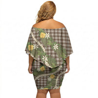 Aloha Puakenikeni Anthurium Pikake Lei Off Shoulder Short Dress Chocolate Hawaiian Palaka Pattern LT9 - Polynesian Pride