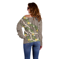 Aloha Puakenikeni Anthurium Pikake Lei Off Shoulder Sweater Chocolate Hawaiian Palaka Pattern