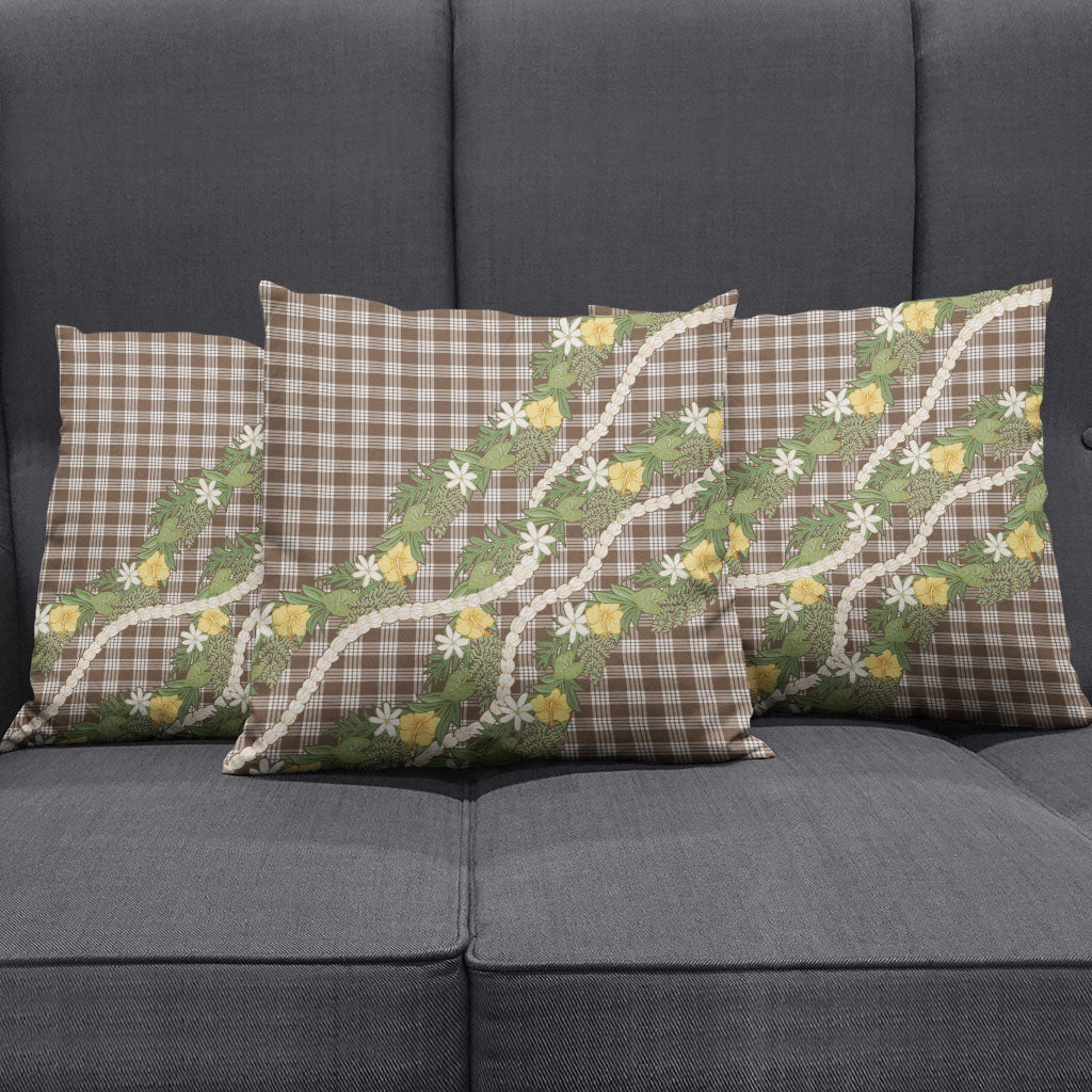 Aloha Puakenikeni Anthurium Pikake Lei Pillow Cover Chocolate Hawaiian Palaka Pattern