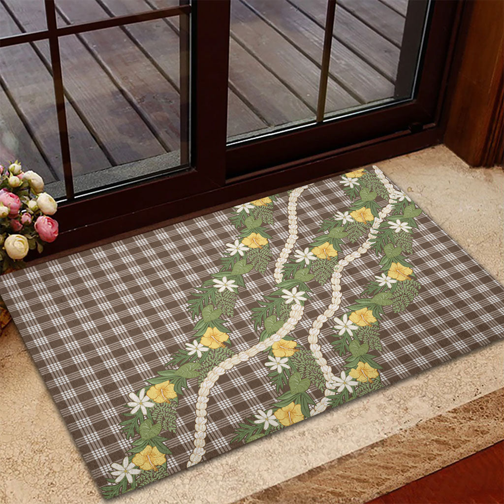 Aloha Puakenikeni Anthurium Pikake Lei Rubber Doormat Chocolate Hawaiian Palaka Pattern