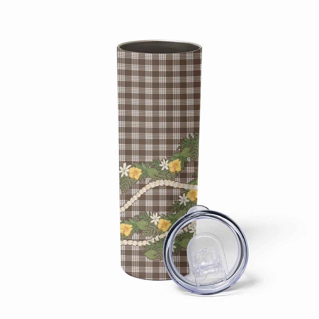 Aloha Puakenikeni Anthurium Pikake Lei Skinny Tumbler Chocolate Hawaiian Palaka Pattern