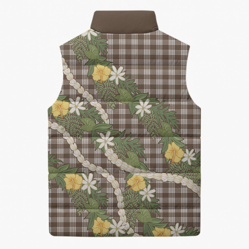 Aloha Puakenikeni Anthurium Pikake Lei Sleeveless Puffer Jacket Chocolate Hawaiian Palaka Pattern