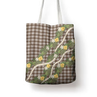 Aloha Puakenikeni Anthurium Pikake Lei Tote Bag Chocolate Hawaiian Palaka Pattern