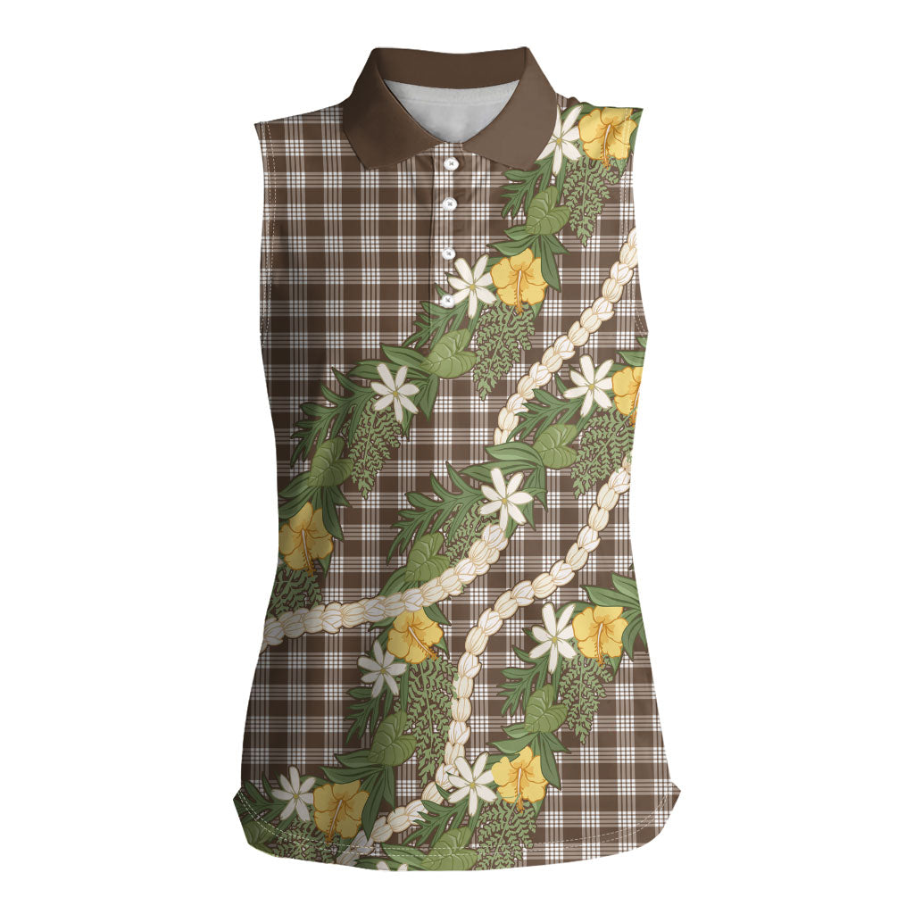 Aloha Puakenikeni Anthurium Pikake Lei Women Sleeveless Polo Shirt Chocolate Hawaiian Palaka Pattern LT9 Female Chocolate - Polynesian Pride