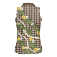 Aloha Puakenikeni Anthurium Pikake Lei Women Sleeveless Polo Shirt Chocolate Hawaiian Palaka Pattern LT9 - Polynesian Pride
