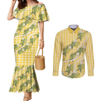 Aloha Puakenikeni Anthurium Pikake Lei Couples Matching Mermaid Dress and Long Sleeve Button Shirt Gold Hawaiian Palaka Pattern LT9 Gold - Polynesian Pride