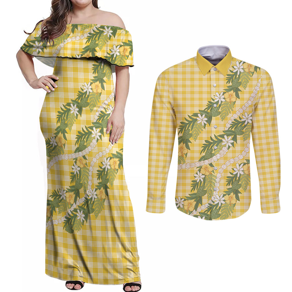 Aloha Puakenikeni Anthurium Pikake Lei Couples Matching Off Shoulder Maxi Dress and Long Sleeve Button Shirt Gold Hawaiian Palaka Pattern LT9 Gold - Polynesian Pride