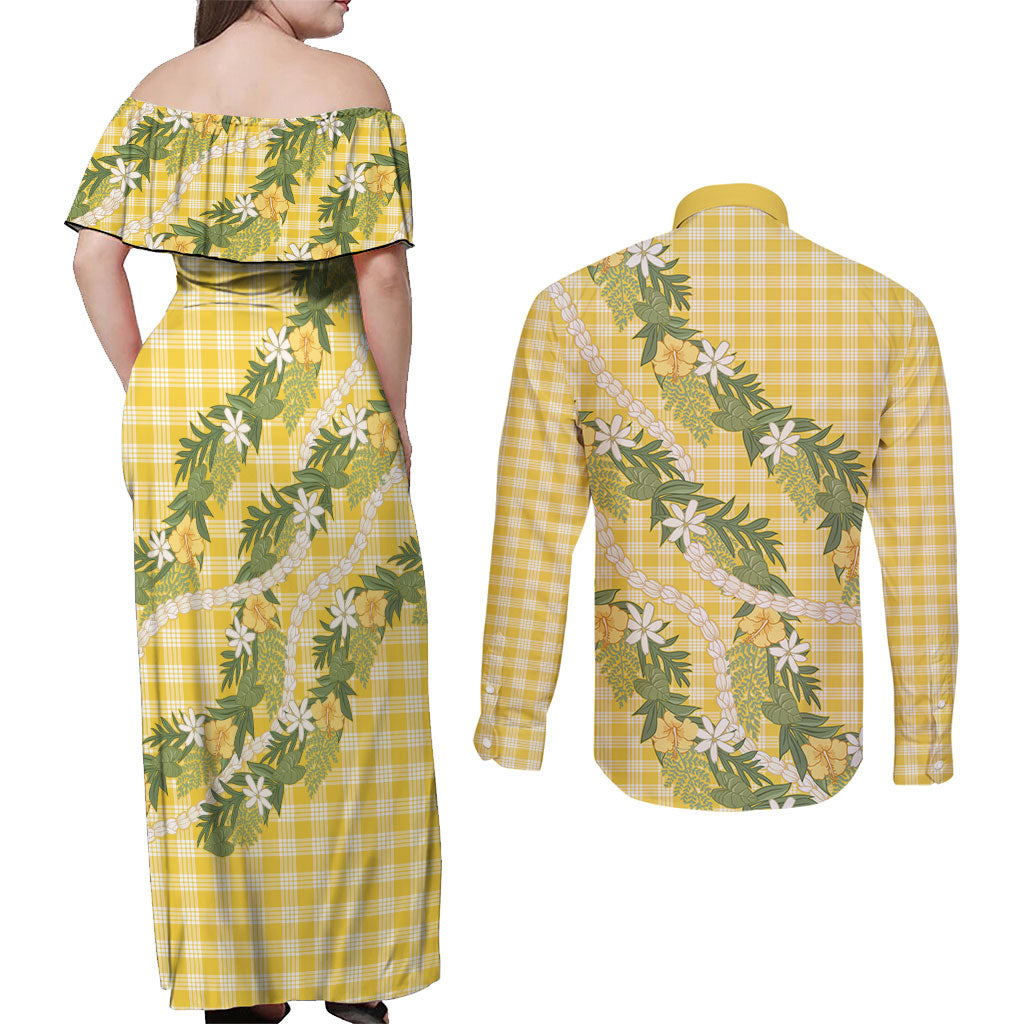 Aloha Puakenikeni Anthurium Pikake Lei Couples Matching Off Shoulder Maxi Dress and Long Sleeve Button Shirt Gold Hawaiian Palaka Pattern LT9 - Polynesian Pride