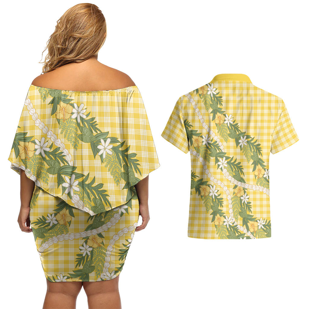 Aloha Puakenikeni Anthurium Pikake Lei Couples Matching Off Shoulder Short Dress and Hawaiian Shirt Gold Hawaiian Palaka Pattern LT9 - Polynesian Pride
