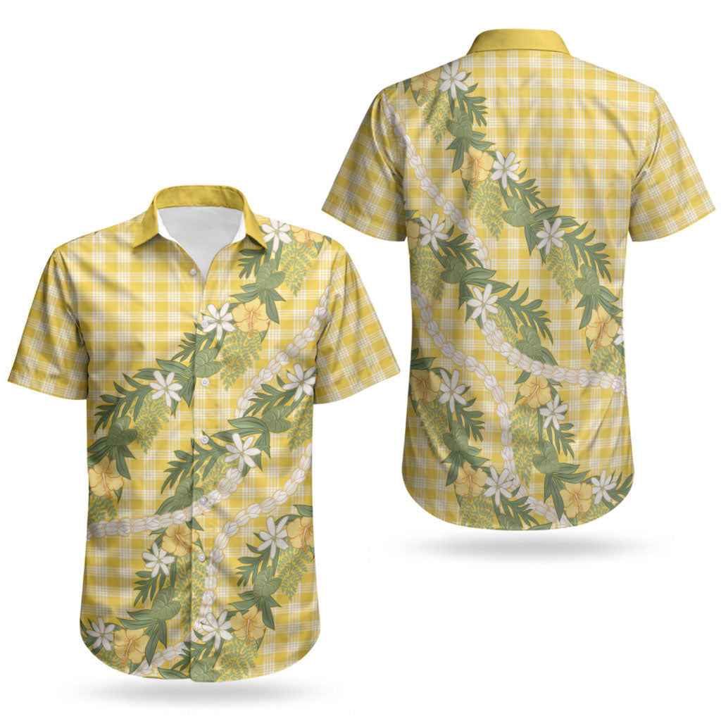 Aloha Puakenikeni Anthurium Pikake Lei Couples Matching Off Shoulder Short Dress and Hawaiian Shirt Gold Hawaiian Palaka Pattern LT9 - Polynesian Pride