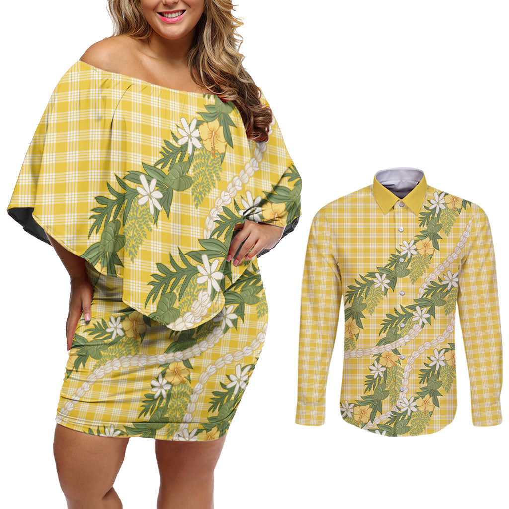 Aloha Puakenikeni Anthurium Pikake Lei Couples Matching Off Shoulder Short Dress and Long Sleeve Button Shirt Gold Hawaiian Palaka Pattern LT9 Gold - Polynesian Pride