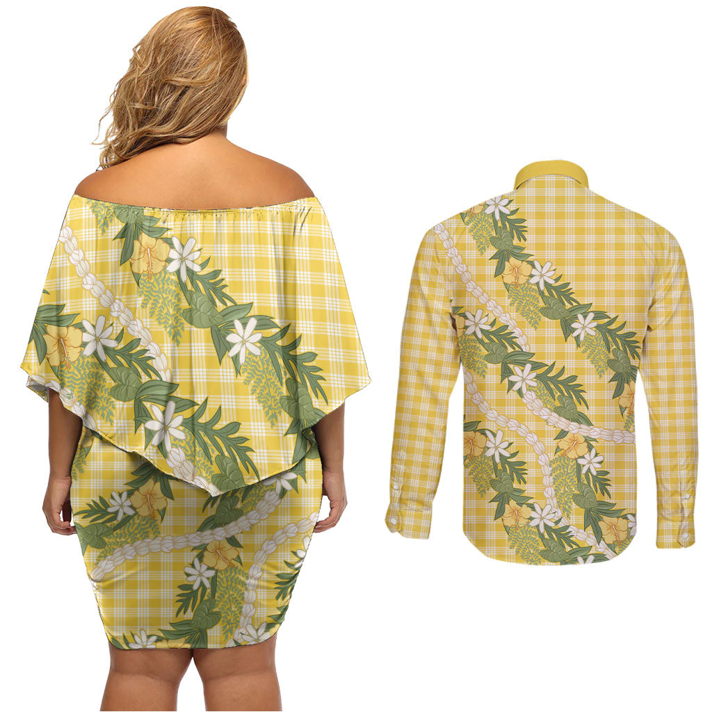 Aloha Puakenikeni Anthurium Pikake Lei Couples Matching Off Shoulder Short Dress and Long Sleeve Button Shirt Gold Hawaiian Palaka Pattern LT9 - Polynesian Pride