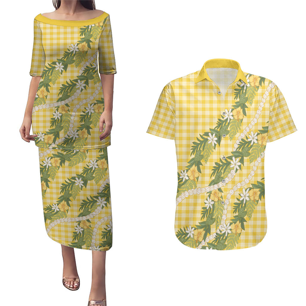Aloha Puakenikeni Anthurium Pikake Lei Couples Matching Puletasi and Hawaiian Shirt Gold Hawaiian Palaka Pattern LT9 Gold - Polynesian Pride
