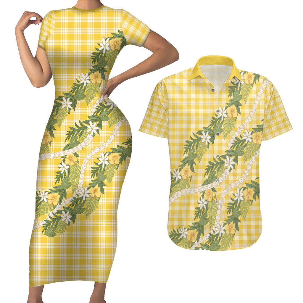 Aloha Puakenikeni Anthurium Pikake Lei Couples Matching Short Sleeve Bodycon Dress and Hawaiian Shirt Gold Hawaiian Palaka Pattern LT9 Gold - Polynesian Pride