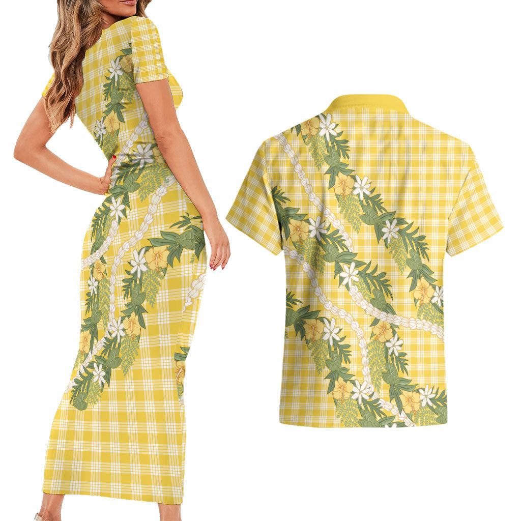 Aloha Puakenikeni Anthurium Pikake Lei Couples Matching Short Sleeve Bodycon Dress and Hawaiian Shirt Gold Hawaiian Palaka Pattern LT9 - Polynesian Pride