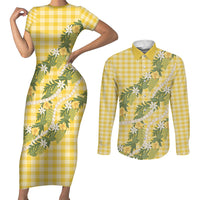 Aloha Puakenikeni Anthurium Pikake Lei Couples Matching Short Sleeve Bodycon Dress and Long Sleeve Button Shirt Gold Hawaiian Palaka Pattern LT9 Gold - Polynesian Pride