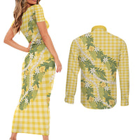 Aloha Puakenikeni Anthurium Pikake Lei Couples Matching Short Sleeve Bodycon Dress and Long Sleeve Button Shirt Gold Hawaiian Palaka Pattern LT9 - Polynesian Pride