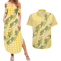 Aloha Puakenikeni Anthurium Pikake Lei Couples Matching Summer Maxi Dress and Hawaiian Shirt Gold Hawaiian Palaka Pattern LT9 Gold - Polynesian Pride