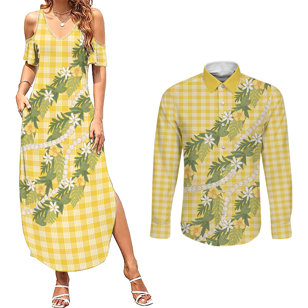 Aloha Puakenikeni Anthurium Pikake Lei Couples Matching Summer Maxi Dress and Long Sleeve Button Shirt Gold Hawaiian Palaka Pattern LT9 Gold - Polynesian Pride