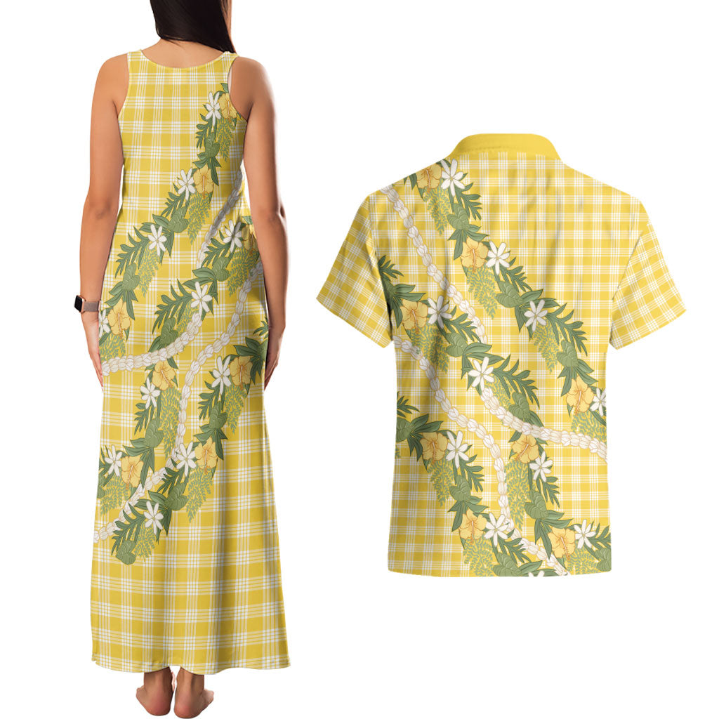 Aloha Puakenikeni Anthurium Pikake Lei Couples Matching Tank Maxi Dress and Hawaiian Shirt Gold Hawaiian Palaka Pattern LT9 - Polynesian Pride