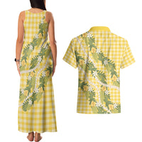 Aloha Puakenikeni Anthurium Pikake Lei Couples Matching Tank Maxi Dress and Hawaiian Shirt Gold Hawaiian Palaka Pattern LT9 - Polynesian Pride
