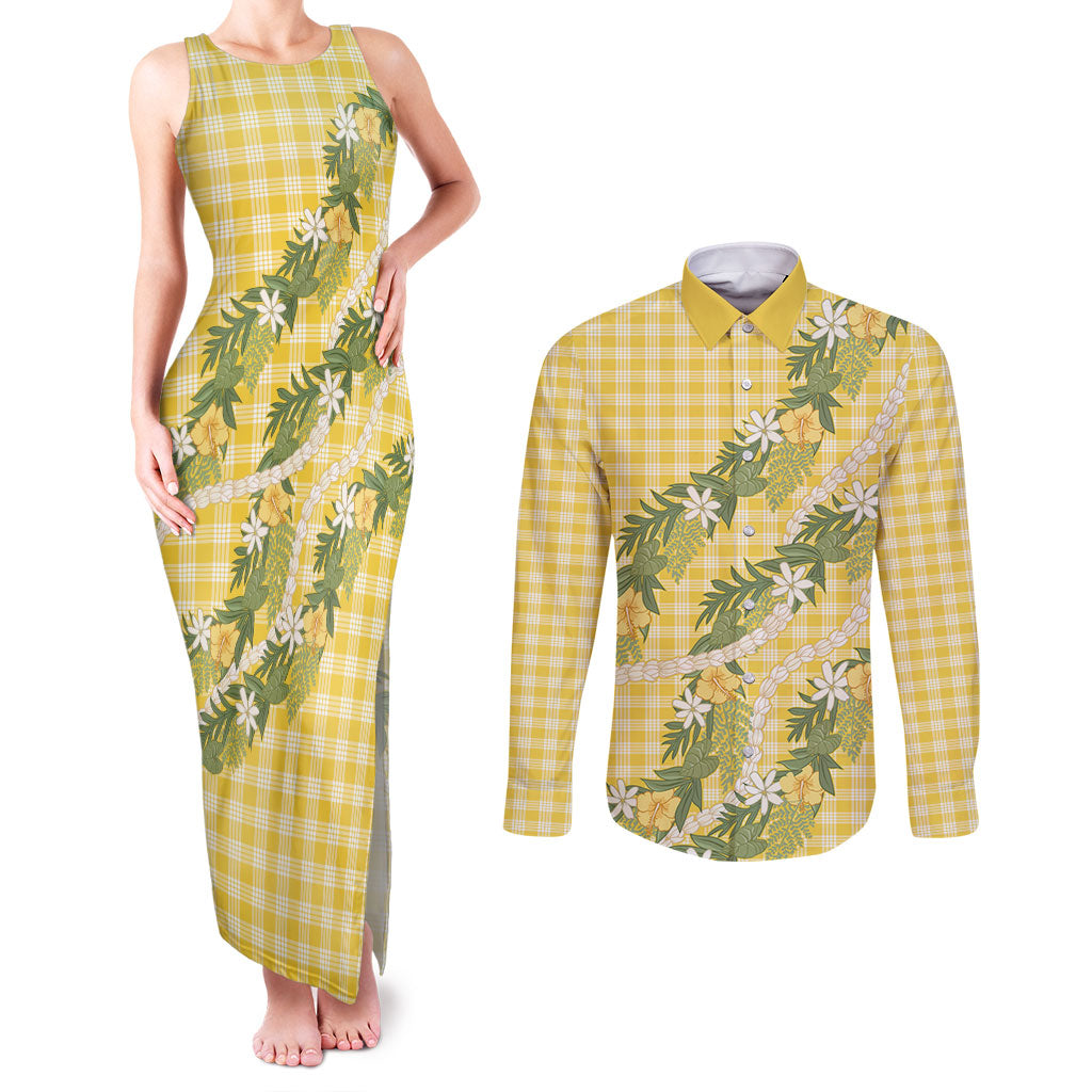 Aloha Puakenikeni Anthurium Pikake Lei Couples Matching Tank Maxi Dress and Long Sleeve Button Shirt Gold Hawaiian Palaka Pattern LT9 Gold - Polynesian Pride