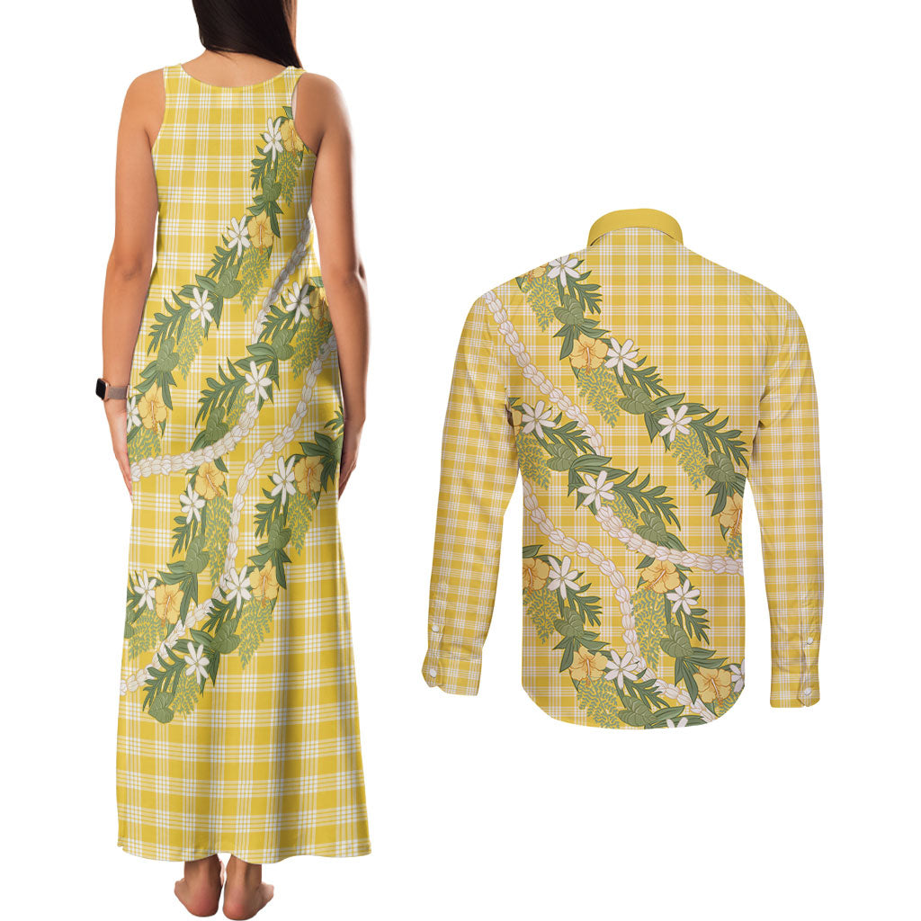 Aloha Puakenikeni Anthurium Pikake Lei Couples Matching Tank Maxi Dress and Long Sleeve Button Shirt Gold Hawaiian Palaka Pattern LT9 - Polynesian Pride