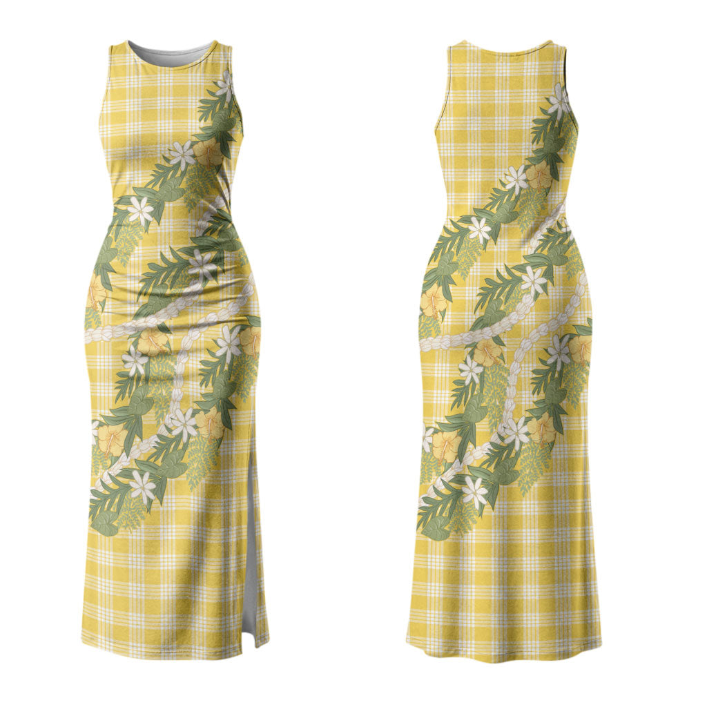 Aloha Puakenikeni Anthurium Pikake Lei Couples Matching Tank Maxi Dress and Long Sleeve Button Shirt Gold Hawaiian Palaka Pattern LT9 - Polynesian Pride