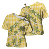 Aloha Puakenikeni Anthurium Pikake Lei Cross Shoulder Shirt Gold Hawaiian Palaka Pattern