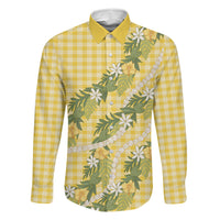 Aloha Puakenikeni Anthurium Pikake Lei Family Matching Long Sleeve Bodycon Dress and Hawaiian Shirt Gold Hawaiian Palaka Pattern LT9 Dad's Shirt - Long Sleeve Gold - Polynesian Pride