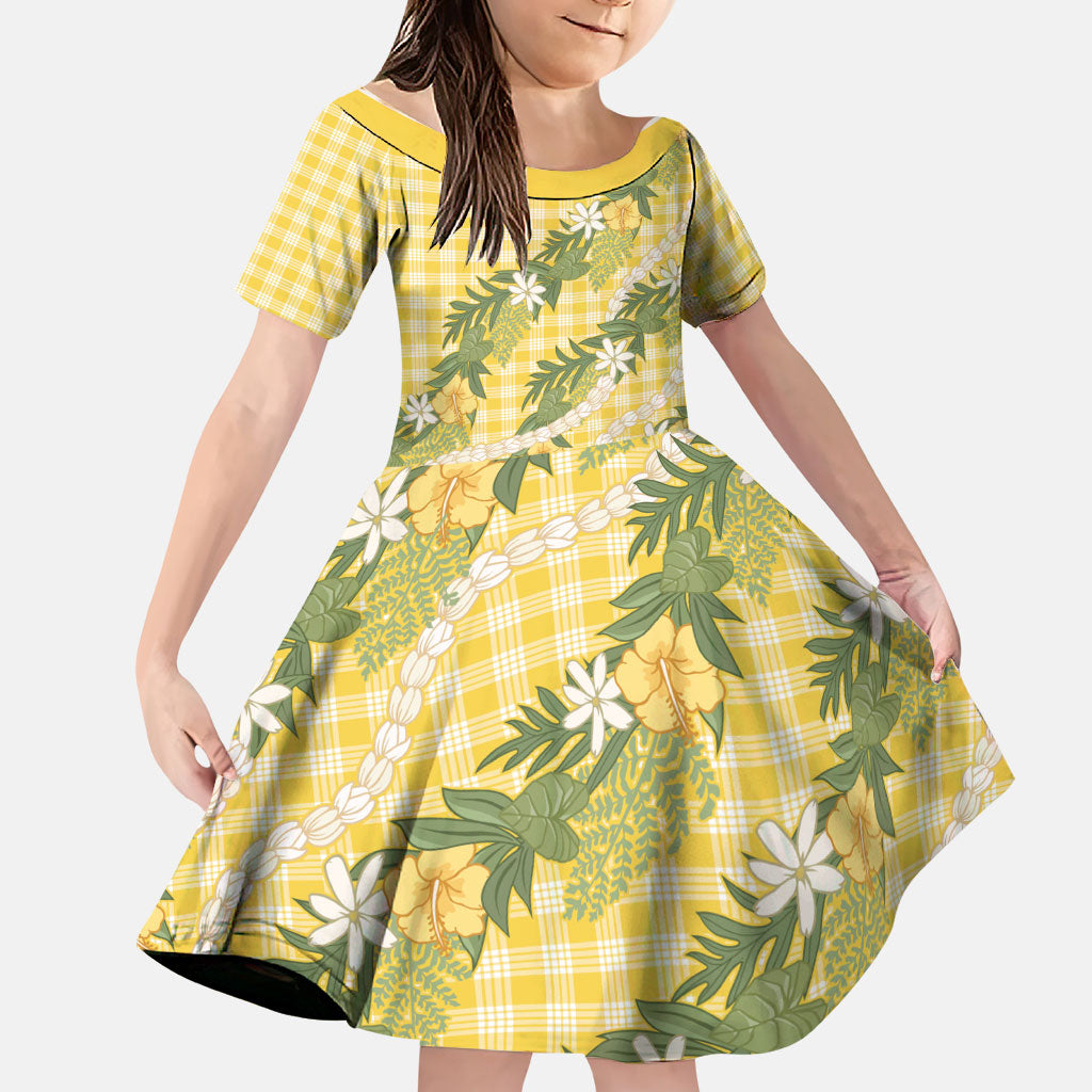 Aloha Puakenikeni Anthurium Pikake Lei Family Matching Mermaid Dress and Hawaiian Shirt Gold Hawaiian Palaka Pattern LT9 Daughter's Dress Gold - Polynesian Pride