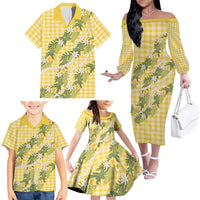 Aloha Puakenikeni Anthurium Pikake Lei Family Matching Off The Shoulder Long Sleeve Dress and Hawaiian Shirt Gold Hawaiian Palaka Pattern LT9 - Polynesian Pride