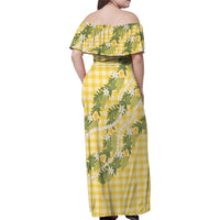 Aloha Puakenikeni Anthurium Pikake Lei Family Matching Off Shoulder Maxi Dress and Hawaiian Shirt Gold Hawaiian Palaka Pattern LT9 - Polynesian Pride