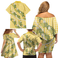 Aloha Puakenikeni Anthurium Pikake Lei Family Matching Off Shoulder Short Dress and Hawaiian Shirt Gold Hawaiian Palaka Pattern LT9 - Polynesian Pride