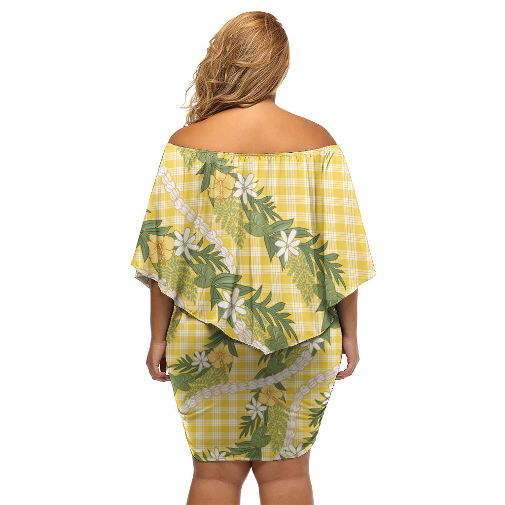 Aloha Puakenikeni Anthurium Pikake Lei Family Matching Off Shoulder Short Dress and Hawaiian Shirt Gold Hawaiian Palaka Pattern LT9 - Polynesian Pride