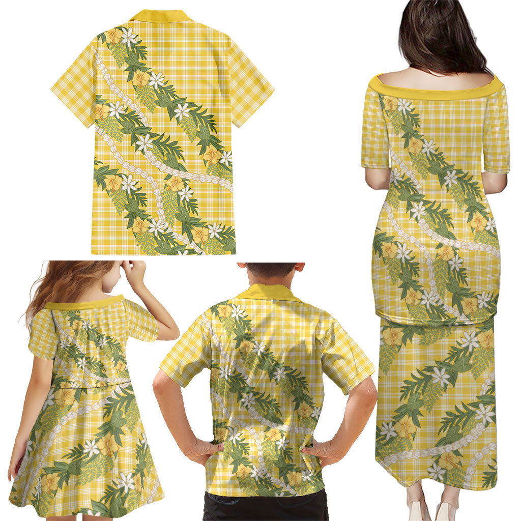 Aloha Puakenikeni Anthurium Pikake Lei Family Matching Puletasi and Hawaiian Shirt Gold Hawaiian Palaka Pattern LT9 - Polynesian Pride