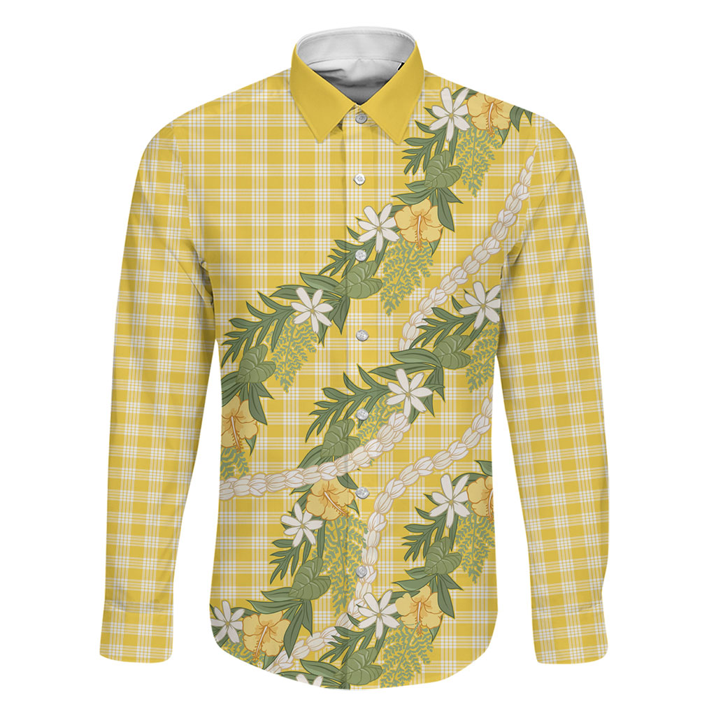 Aloha Puakenikeni Anthurium Pikake Lei Family Matching Summer Maxi Dress and Hawaiian Shirt Gold Hawaiian Palaka Pattern LT9 Dad's Shirt - Long Sleeve Gold - Polynesian Pride
