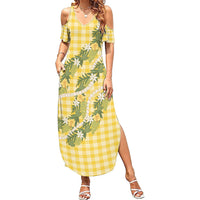 Aloha Puakenikeni Anthurium Pikake Lei Family Matching Summer Maxi Dress and Hawaiian Shirt Gold Hawaiian Palaka Pattern LT9 Mom's Dress Gold - Polynesian Pride