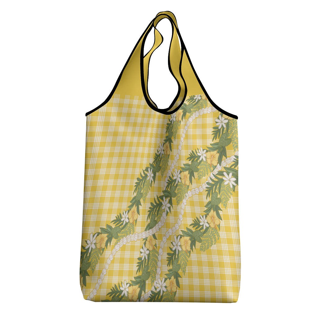 Aloha Puakenikeni Anthurium Pikake Lei Grocery Bag Gold Hawaiian Palaka Pattern