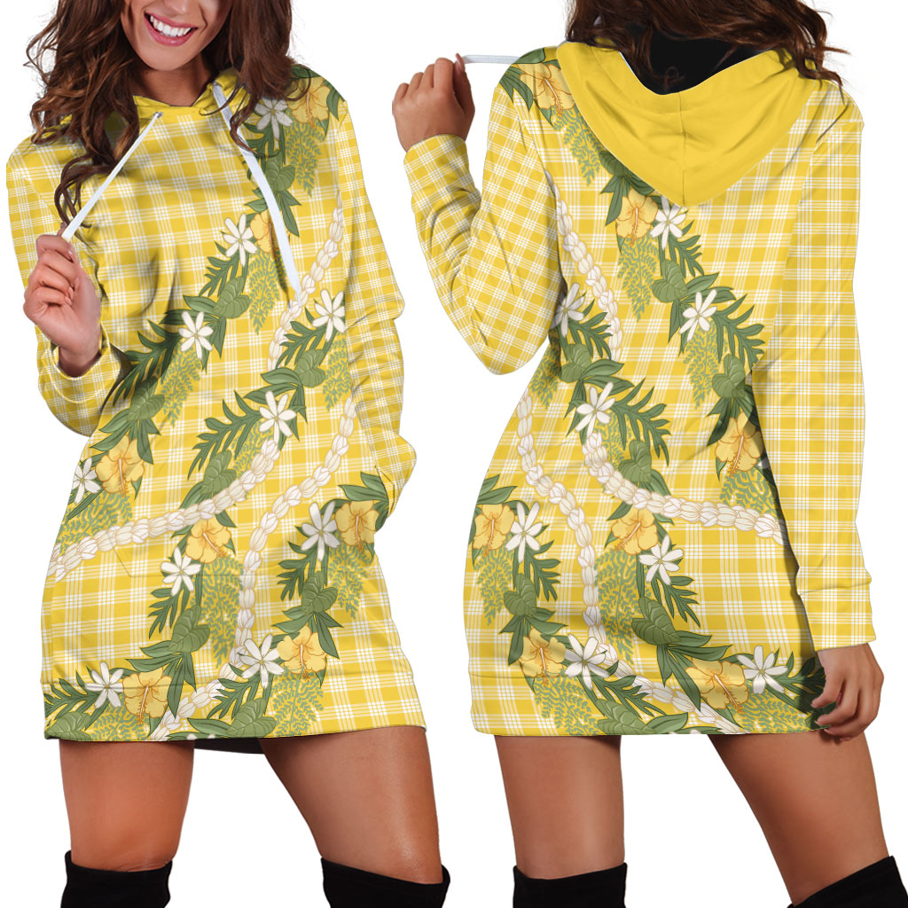 Aloha Puakenikeni Anthurium Pikake Lei Hoodie Dress Gold Hawaiian Palaka Pattern LT9 - Polynesian Pride